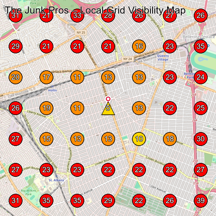 The Junk Pros GeoGrid visibility map for House Cleaning Service in Queens